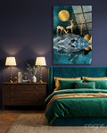 Golden Deer Teal Lake Moon Glass Wall Art