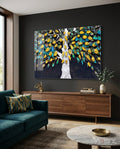 Teal And Gold Leaves White Trunk Tree of Life Glass Wall Art