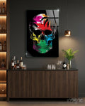 Rainbow Feather Paint Skull Glass Wall Art