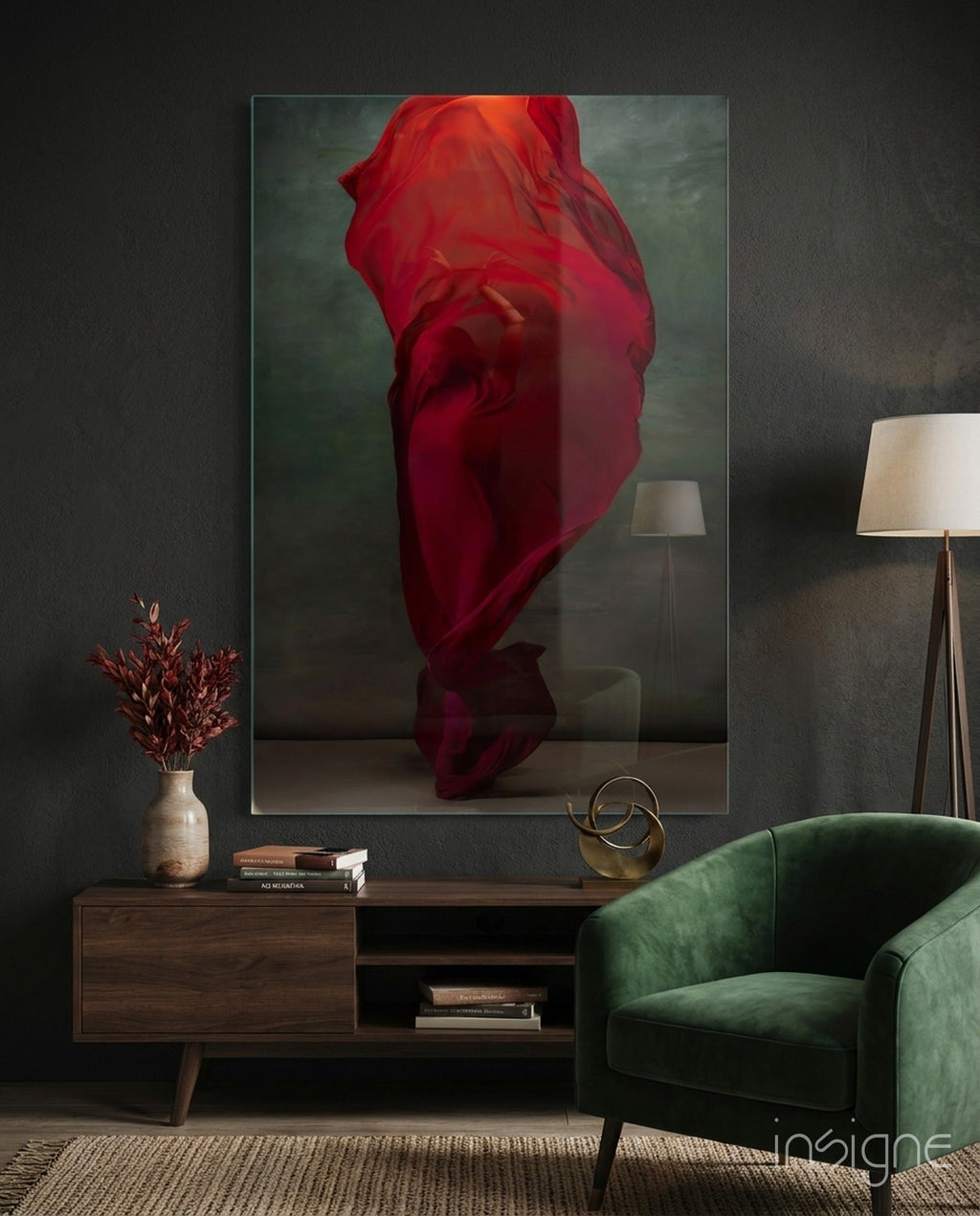 Crimson Silk Veil Dancer Glass Wall Art
