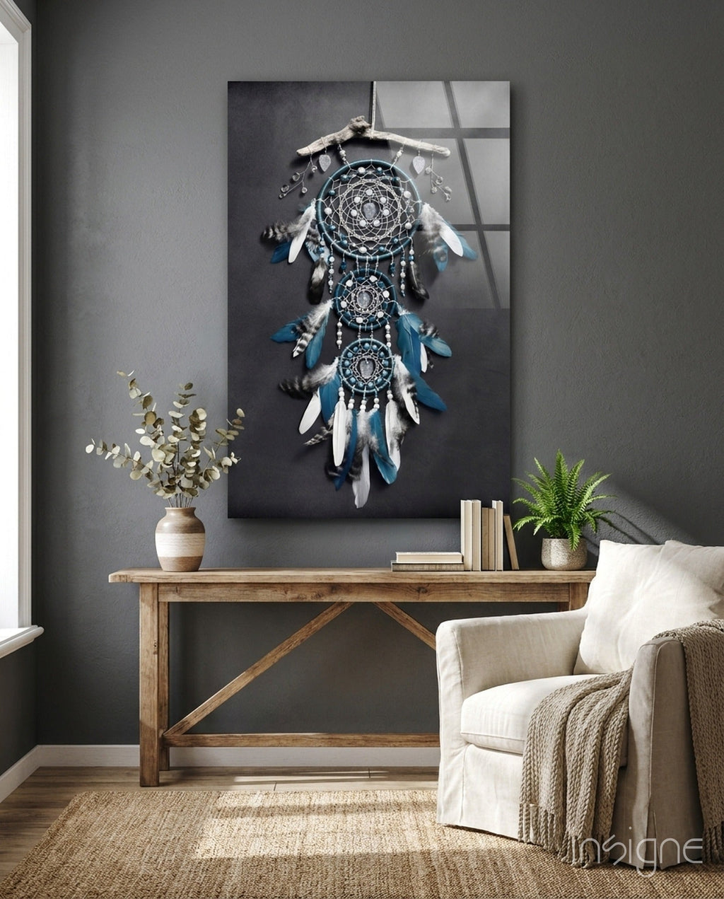 Triple Blue Feather Dreamcatcher Glass Wall Art