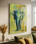 Green Oil Painting Walking Elephant Glass Wall Art