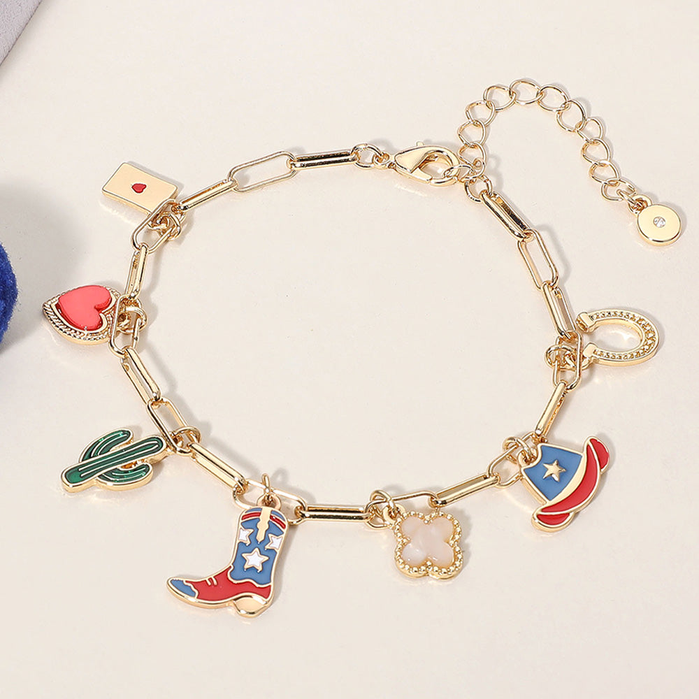 Enamel American USA Flag Western Cowboy Boot Hat cactus Heart Horseshoe Quatrefoil Charm Station Bracelet