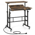 Height Adjustable Mobile Standing Desk with Power Outlets and Portable Rolling Laptop Cart on Wheels-Rustic Brown