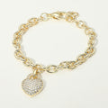 14K Gold Plated CZ Pave Heart Charm Chunky Chain Bracelet