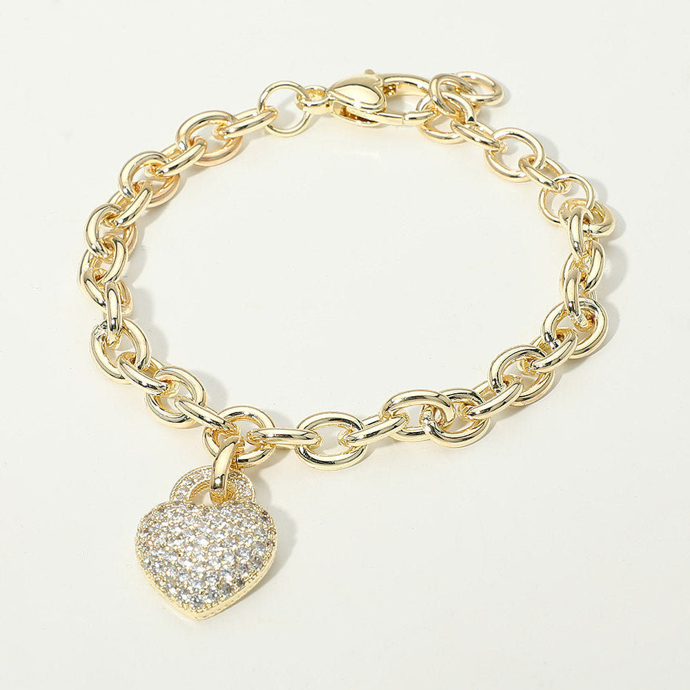 14K Gold Plated CZ Pave Heart Charm Chunky Chain Bracelet