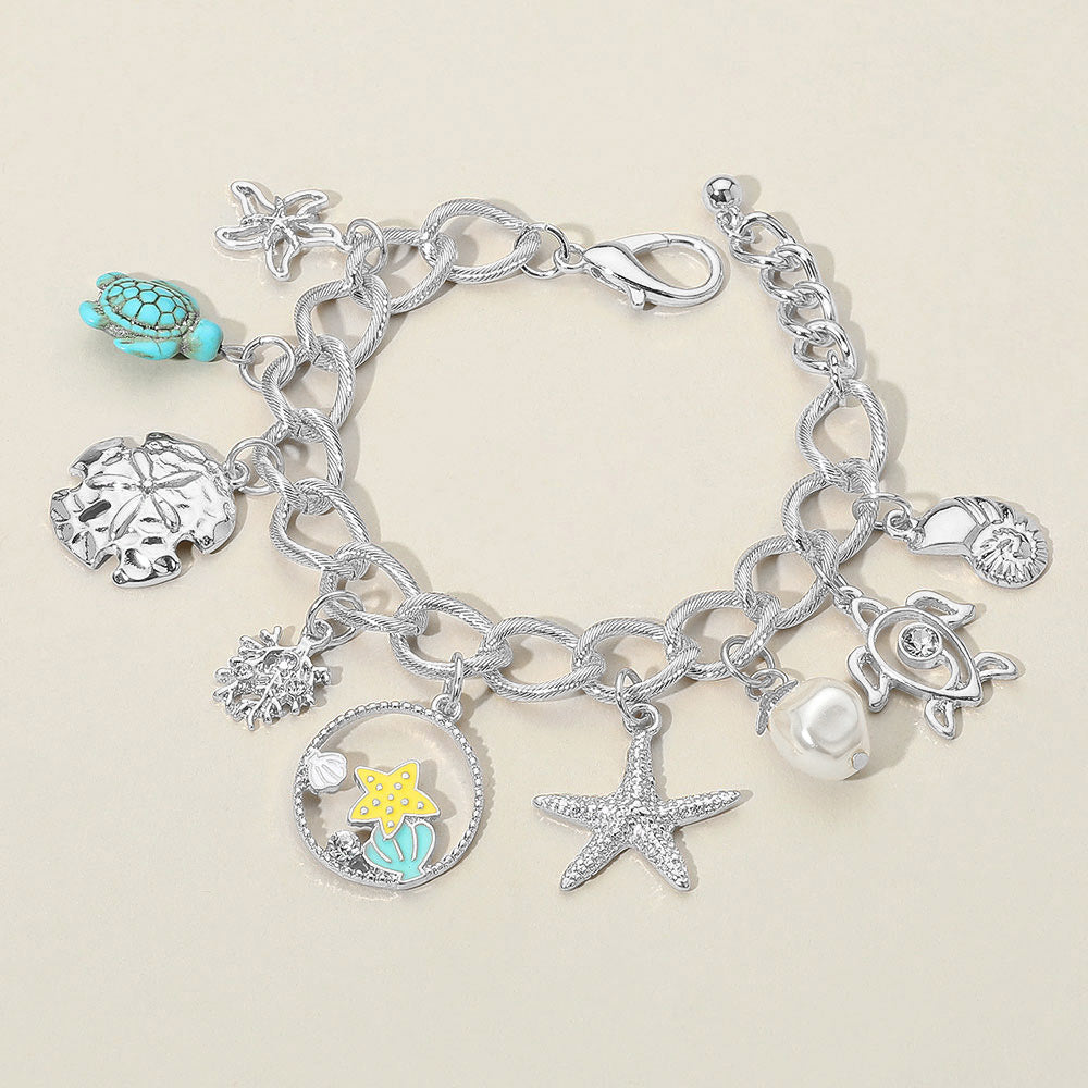 Starfish Sea Turtle Sea Shell Pearl Charm Station Bracelet