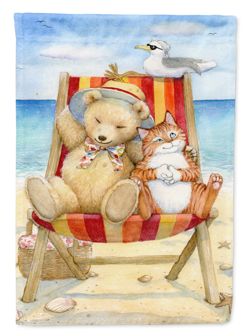 Summer Teddy Bear and Cat on Beach Garden Flag Mailbox Decorative Yard Banner Outside Patio Artwork for Flower Beds, Garden Size, Multicolor