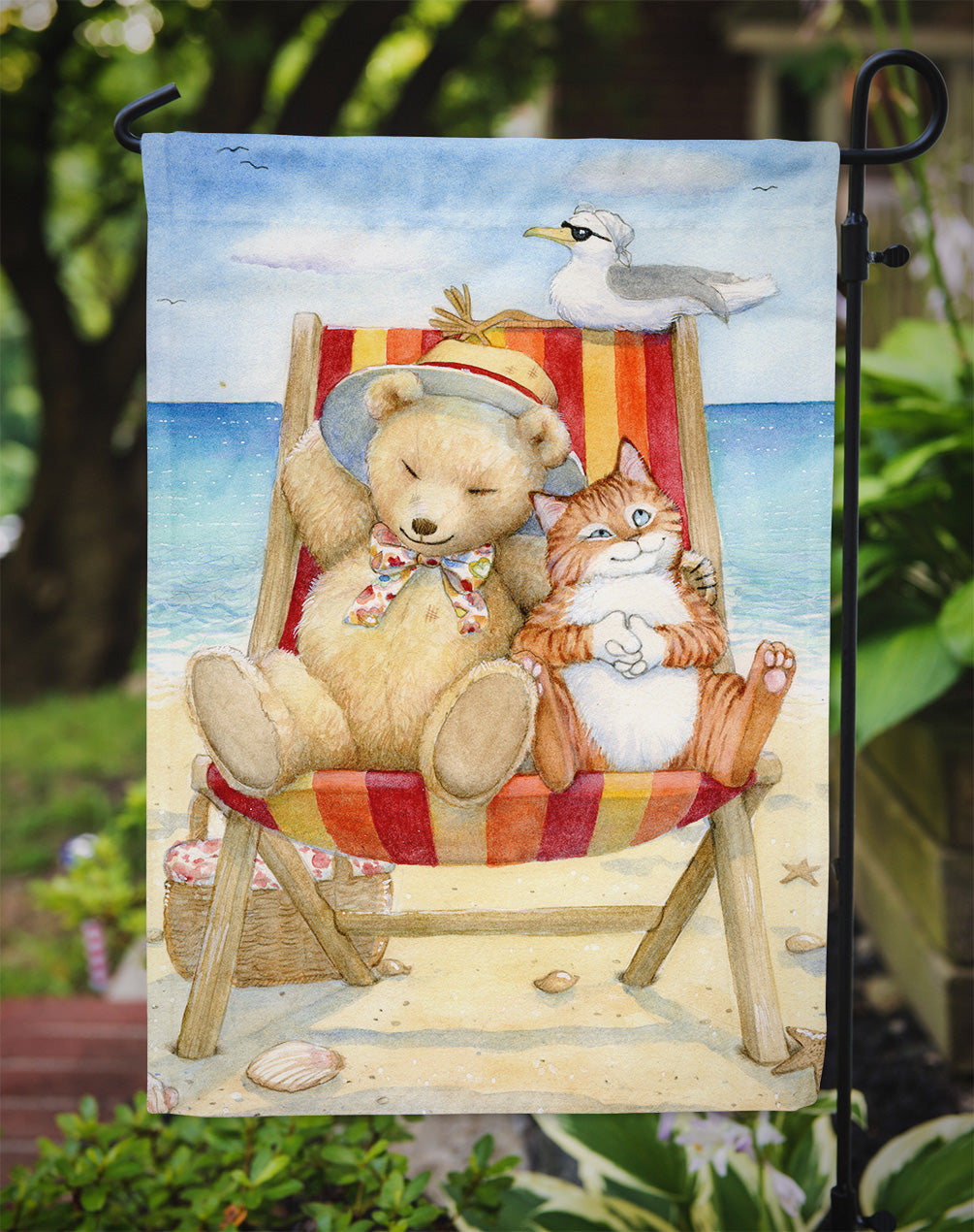 Summer Teddy Bear and Cat on Beach Garden Flag Mailbox Decorative Yard Banner Outside Patio Artwork for Flower Beds, Garden Size, Multicolor