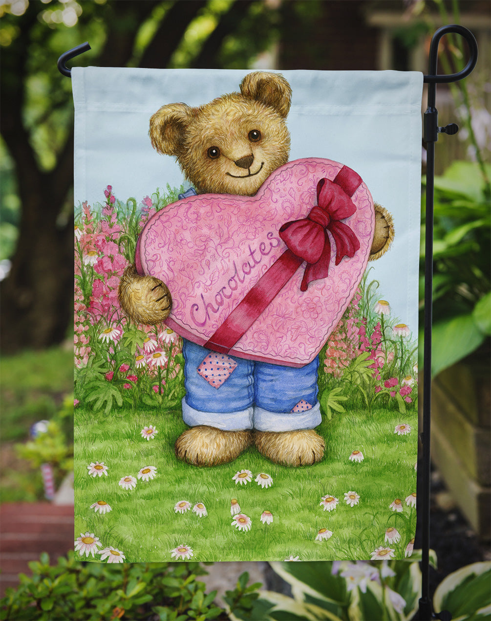 Valentine Teddy Bear with Chocolates Garden Flag Mailbox Decorative Yard Banner Outside Patio Artwork for Flower Beds, Garden Size, Multicolor