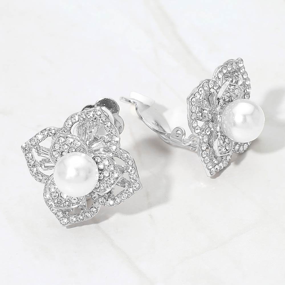 Pearl Center Rhinestone Pave Flower Clip On Earrings