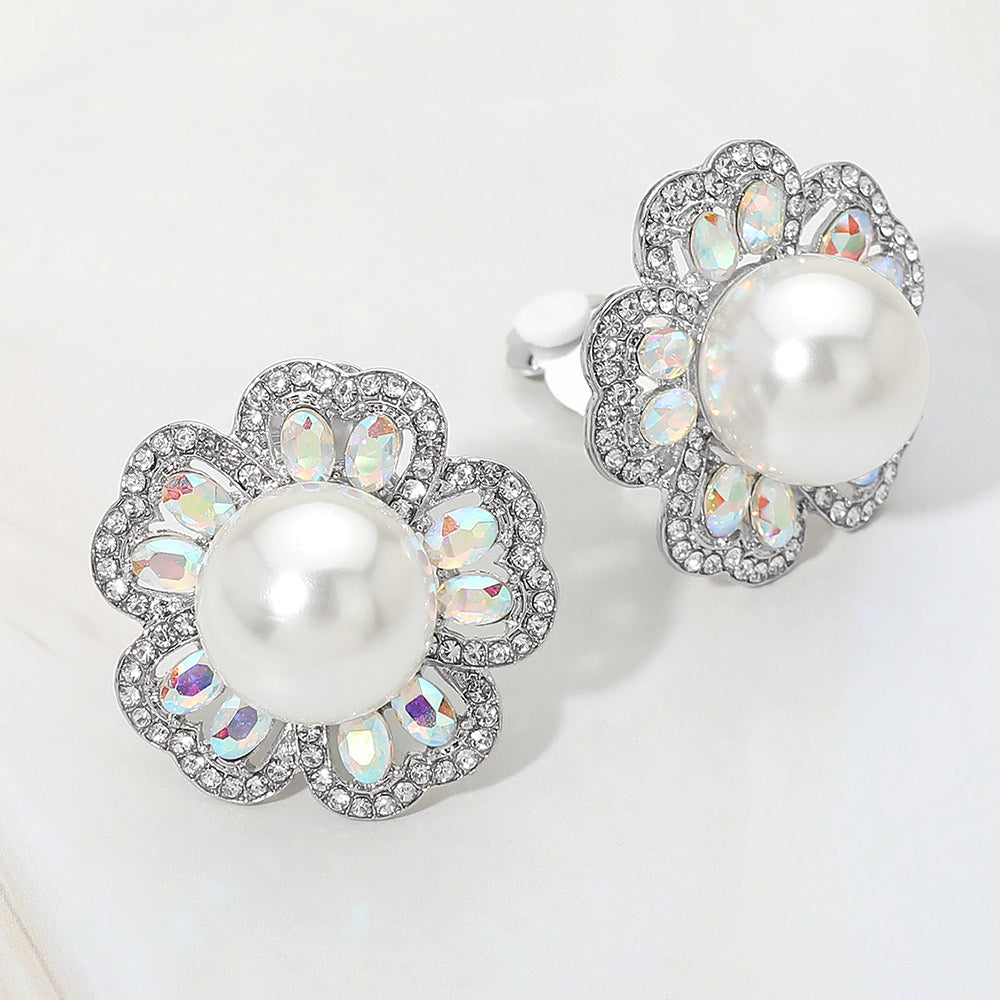 Pearl Center Rhinestone Embellished Floral Clip On Earrings