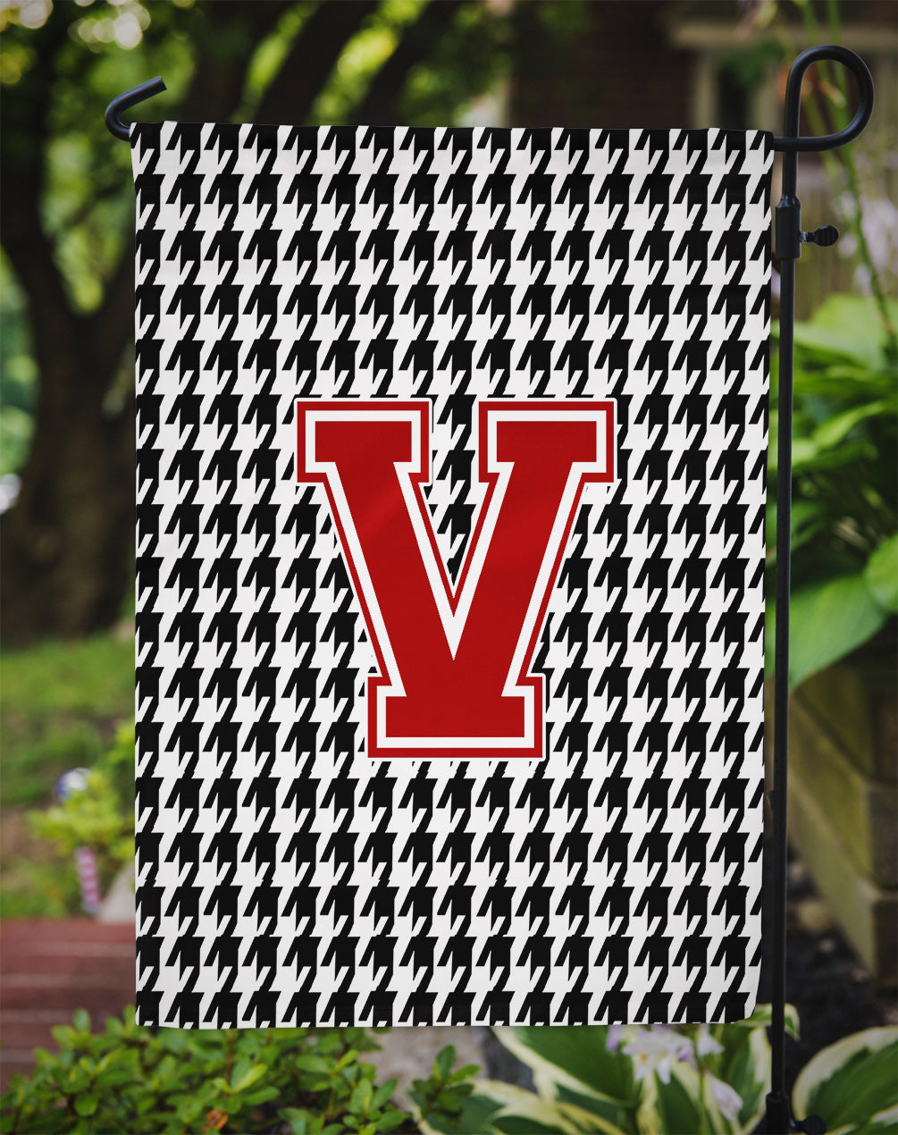Letter V Monogram - Houndstooth Black Garden Flag Mailbox Decorative Yard Banner Outside Patio Artwork for Flower Beds, Garden Size, Multicolor