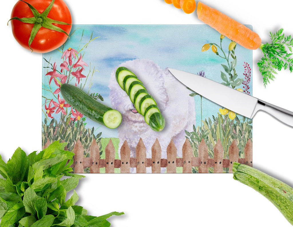 Bichon Frise Spring Cutting Board Tempered Glass Kitchen Cutting Surface, Heat Resistant Chopping, Non-Slip Feet, Food Prep & Serving