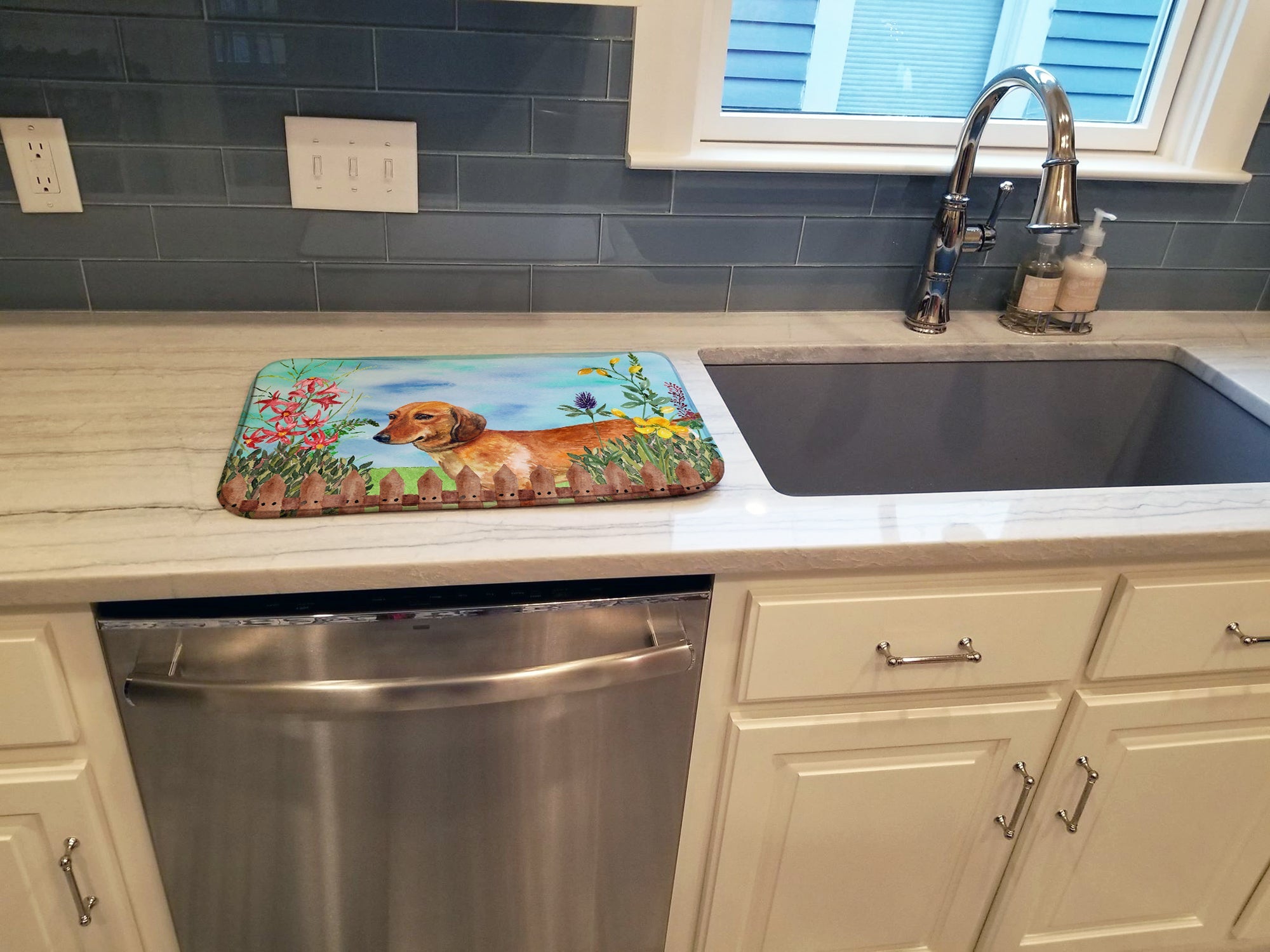 Dachshund Spring Dish Drying Mat Absorbent Dish Drying Mat Pad for Kitchen Counter Dish Drainer Mat for Countertop, 14 x 21", Multicolor