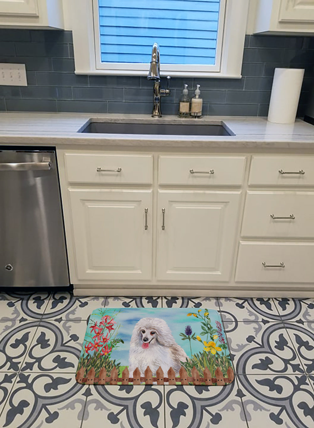 Medium White Poodle Spring Memory Foam Kitchen Mat Machine Washable Anti-Fatigue Cushion Comfort Bath or Kitchen Rug
