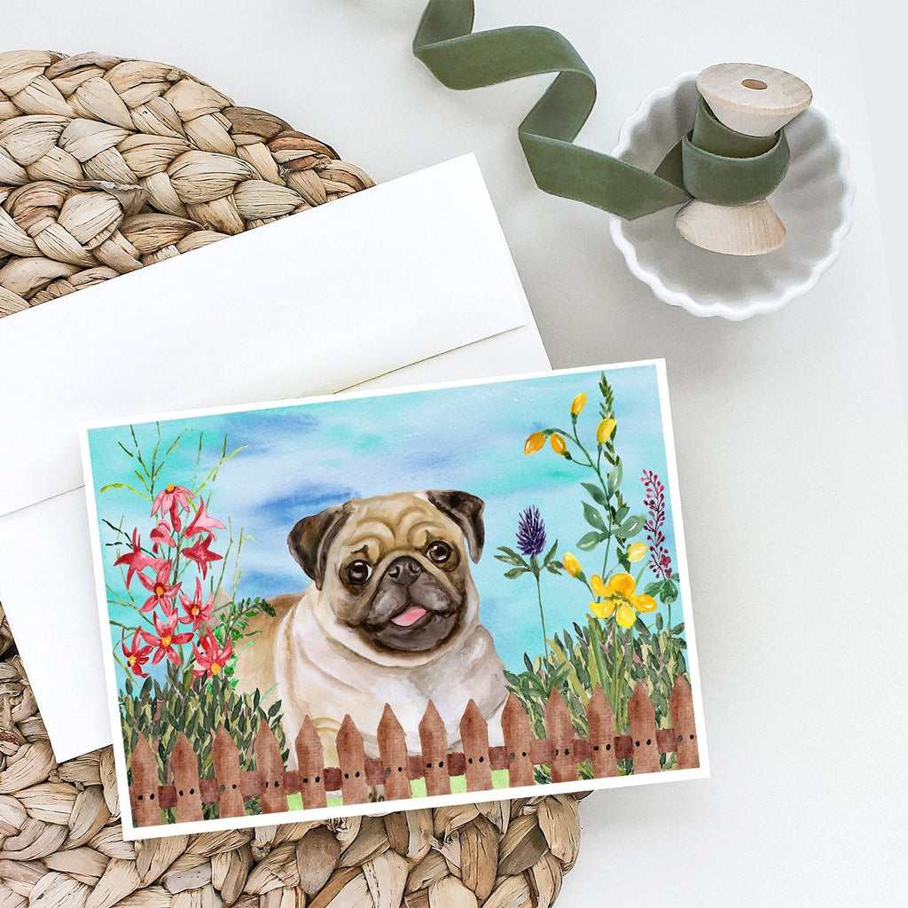 Fawn Pug Spring Greeting Cards Pack of 8 Blank Cards with Envelopes Whimsical A7 Size 5x7