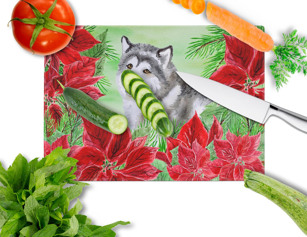 Alaskan Malamute Poinsettas Cutting Board Tempered Glass Kitchen Cutting Surface, Heat Resistant Chopping, Non-Slip Feet, Food Prep & Serving