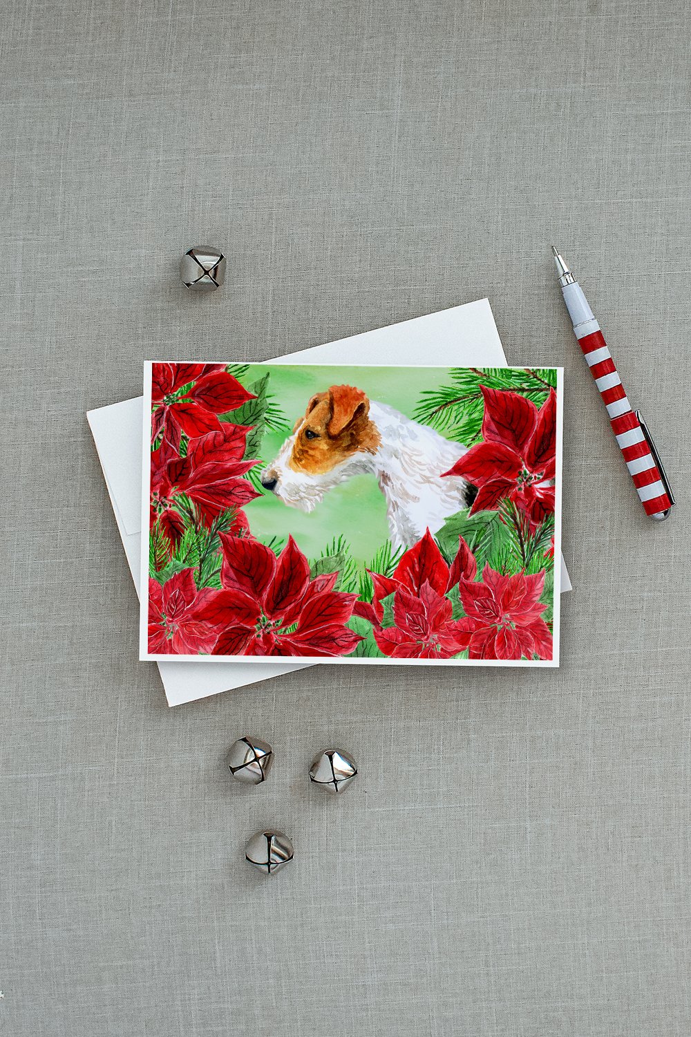 Fox Terrier Poinsettas Greeting Cards Pack of 8 Blank Cards with Envelopes Whimsical A7 Size 5x7