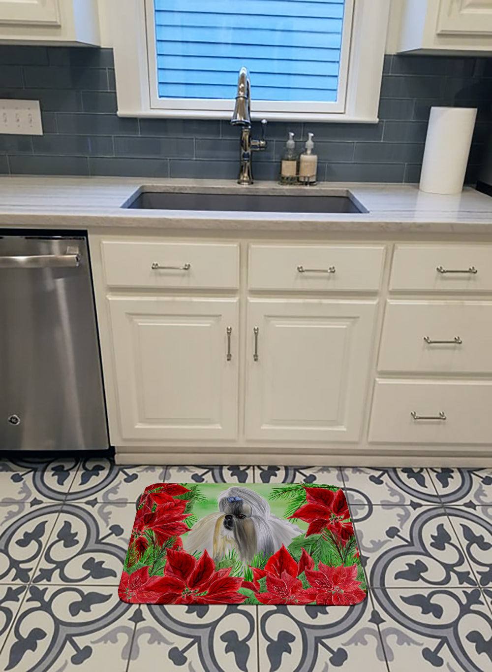 Shih Tzu Poinsettas Memory Foam Kitchen Mat Machine Washable Anti-Fatigue Cushion Comfort Bath or Kitchen Rug