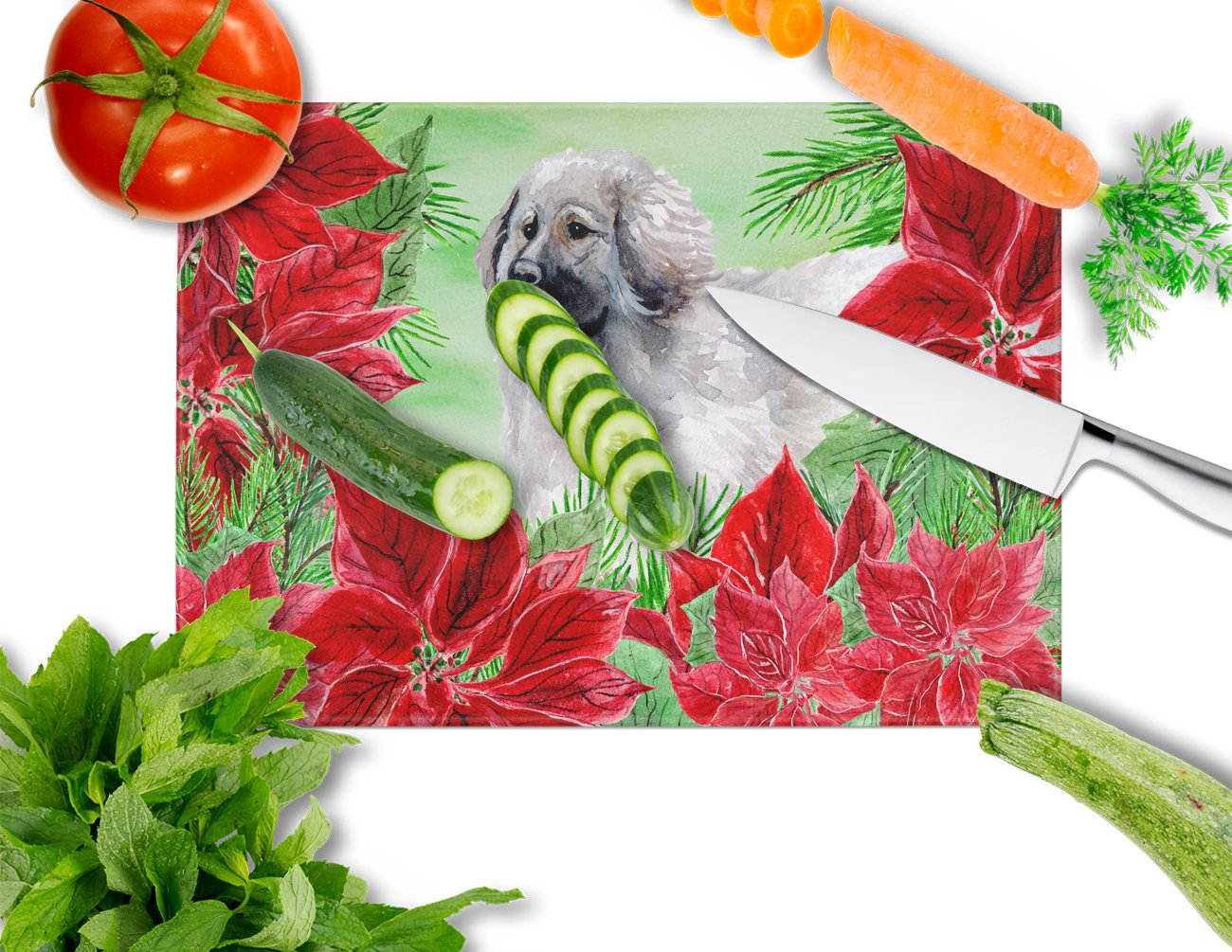 Moscow Watchdog Poinsettas Cutting Board Tempered Glass Kitchen Cutting Surface, Heat Resistant Chopping, Non-Slip Feet, Food Prep & Serving