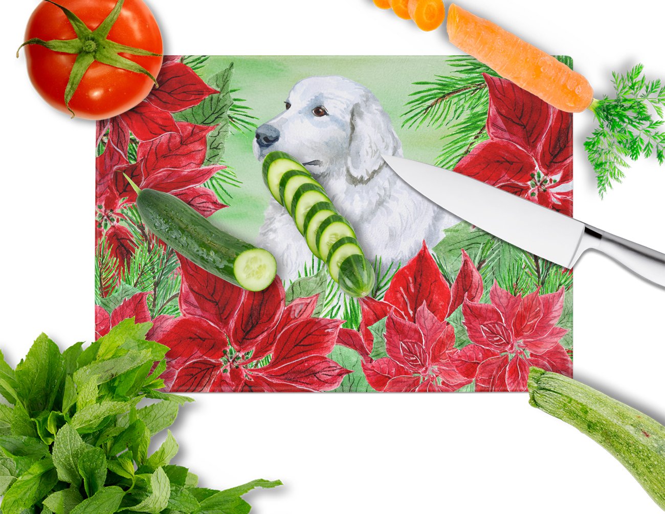 Maremma Sheepdog Poinsettas Cutting Board Tempered Glass Kitchen Cutting Surface, Heat Resistant Chopping, Non-Slip Feet, Food Prep & Serving