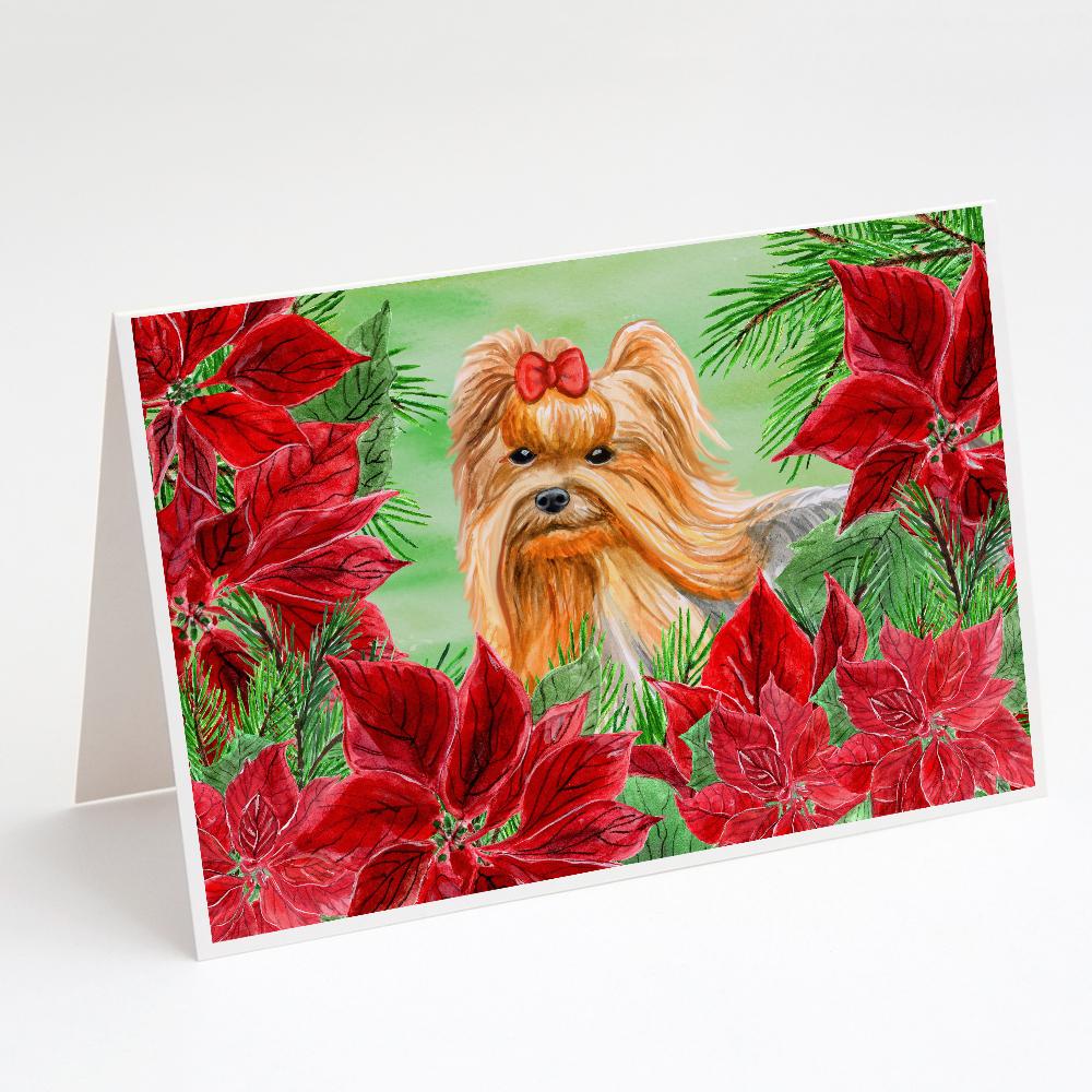 Yorkshire Terrier Poinsettas Greeting Cards Pack of 8 Blank Cards with Envelopes Whimsical A7 Size 5x7