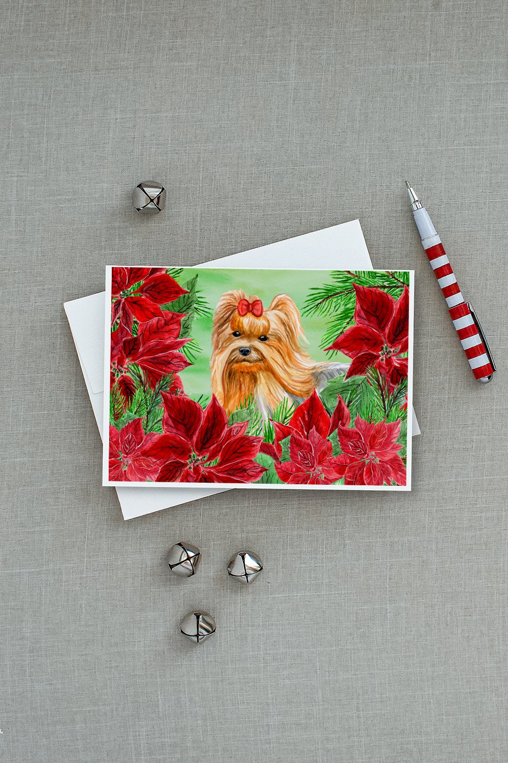 Yorkshire Terrier Poinsettas Greeting Cards Pack of 8 Blank Cards with Envelopes Whimsical A7 Size 5x7