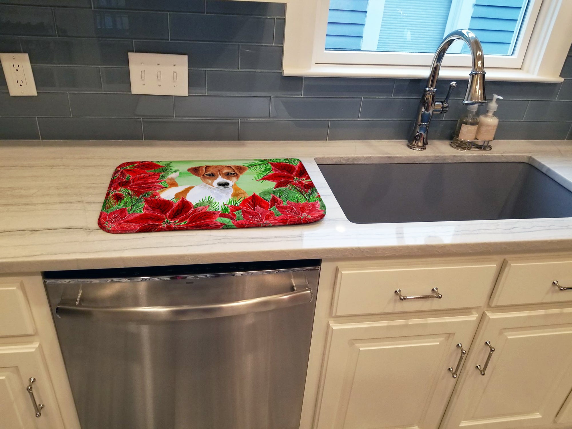 Jack Russell Terrier Poinsettas Dish Drying Mat Absorbent Dish Drying Mat Pad for Kitchen Counter Dish Drainer Mat for Countertop, 14 x 21", Multicolor