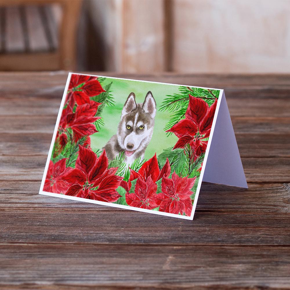 Siberian Husky Grey Poinsettas Greeting Cards Pack of 8 Blank Cards with Envelopes Whimsical A7 Size 5x7