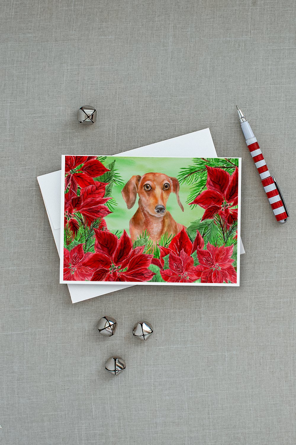 Red Dachshund Poinsettas Greeting Cards Pack of 8 Blank Cards with Envelopes Whimsical A7 Size 5x7