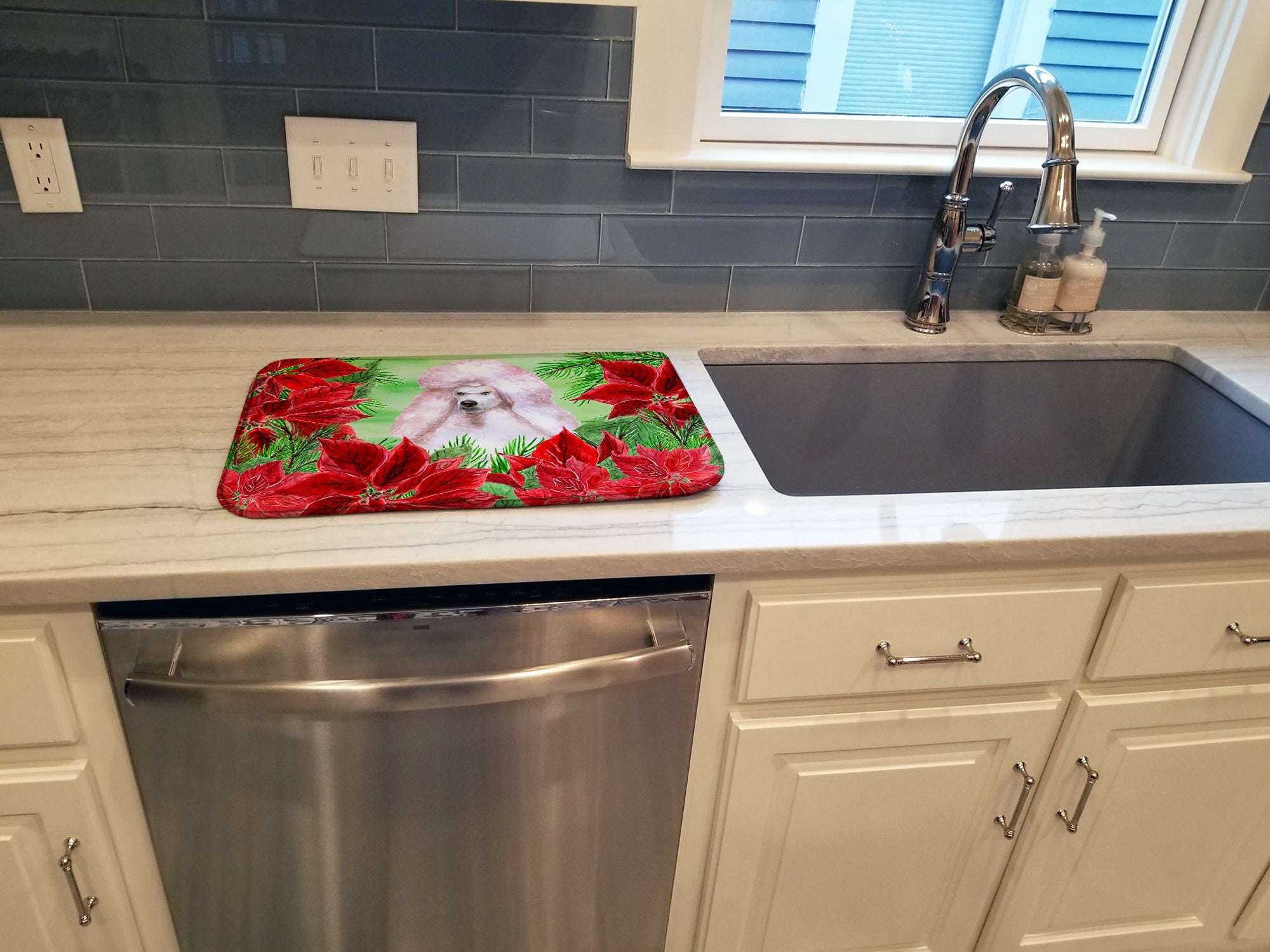 White Standard Poodle Poinsettas Dish Drying Mat Absorbent Dish Drying Mat Pad for Kitchen Counter Dish Drainer Mat for Countertop, 14 x 21", Multicolor