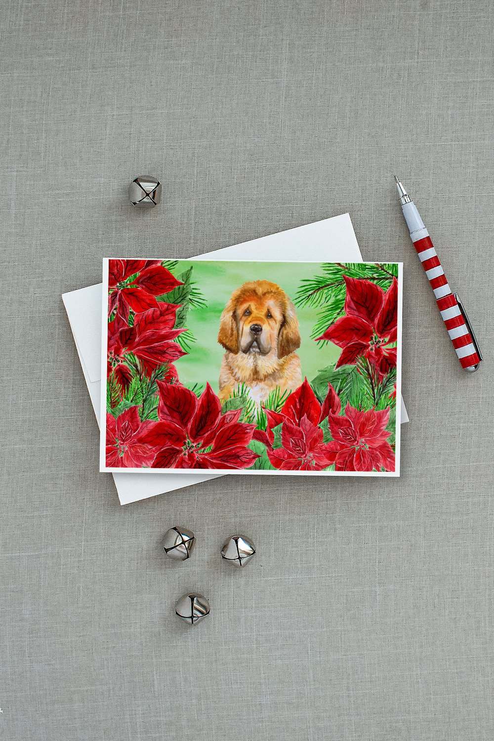 Tibetan Mastiff Poinsettas Greeting Cards Pack of 8 Blank Cards with Envelopes Whimsical A7 Size 5x7