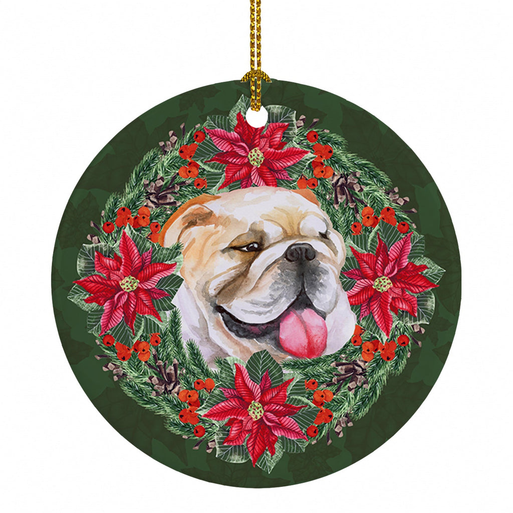 English Bulldog Poinsetta Wreath Ceramic Ornament Christmas Tree Hanging Decorations for Home Christmas Holiday, Party, Gift, 3 in, Multicolor
