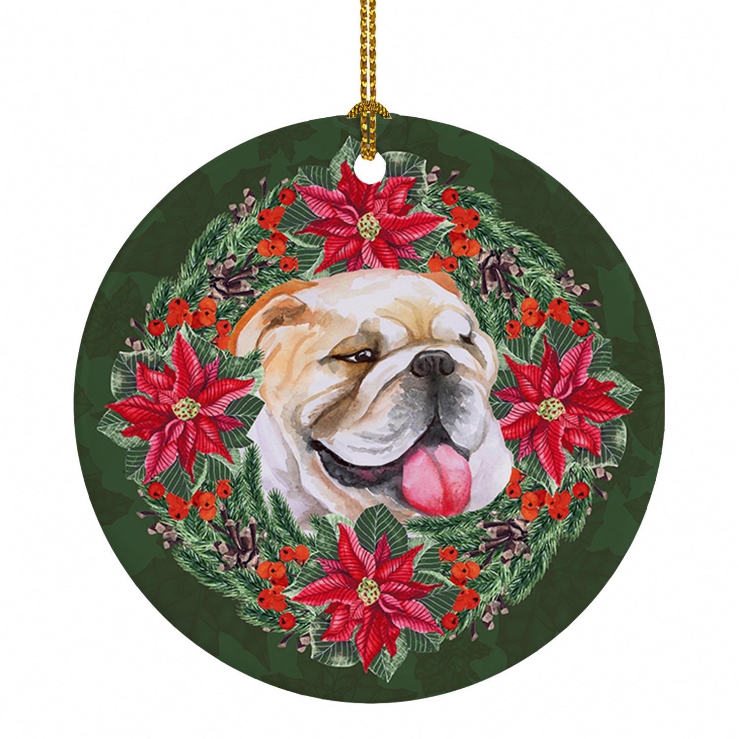 English Bulldog Poinsetta Wreath Ceramic Ornament Christmas Tree Hanging Decorations for Home Christmas Holiday, Party, Gift, 3 in, Multicolor
