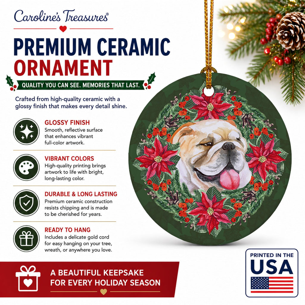 English Bulldog Poinsetta Wreath Ceramic Ornament Christmas Tree Hanging Decorations for Home Christmas Holiday, Party, Gift, 3 in, Multicolor