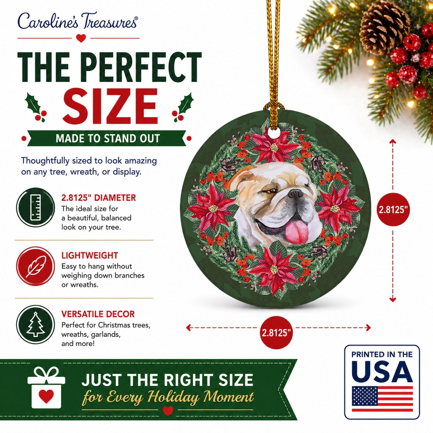 English Bulldog Poinsetta Wreath Ceramic Ornament Christmas Tree Hanging Decorations for Home Christmas Holiday, Party, Gift, 3 in, Multicolor
