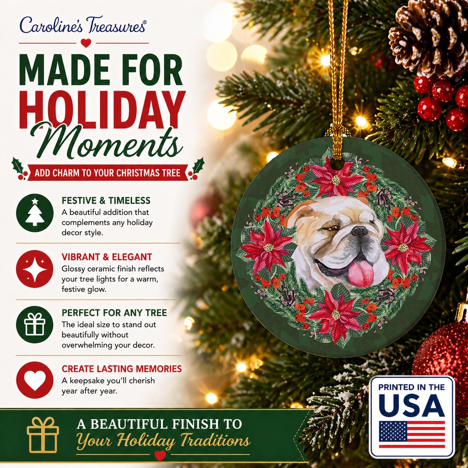 English Bulldog Poinsetta Wreath Ceramic Ornament Christmas Tree Hanging Decorations for Home Christmas Holiday, Party, Gift, 3 in, Multicolor