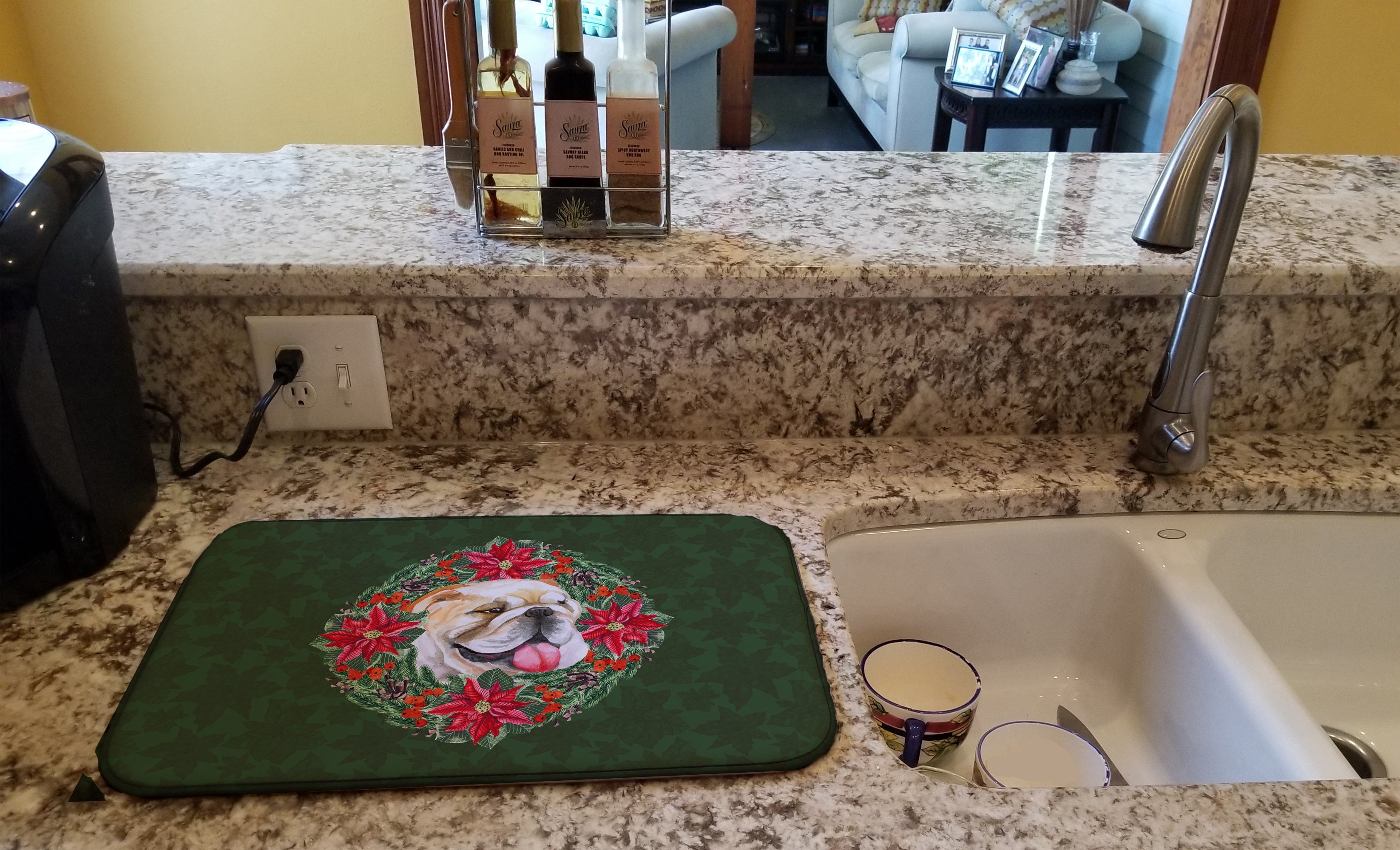 English Bulldog Poinsetta Wreath Dish Drying Mat Absorbent Dish Drying Mat Pad for Kitchen Counter Dish Drainer Mat for Countertop, 14 x 21", Multicolor