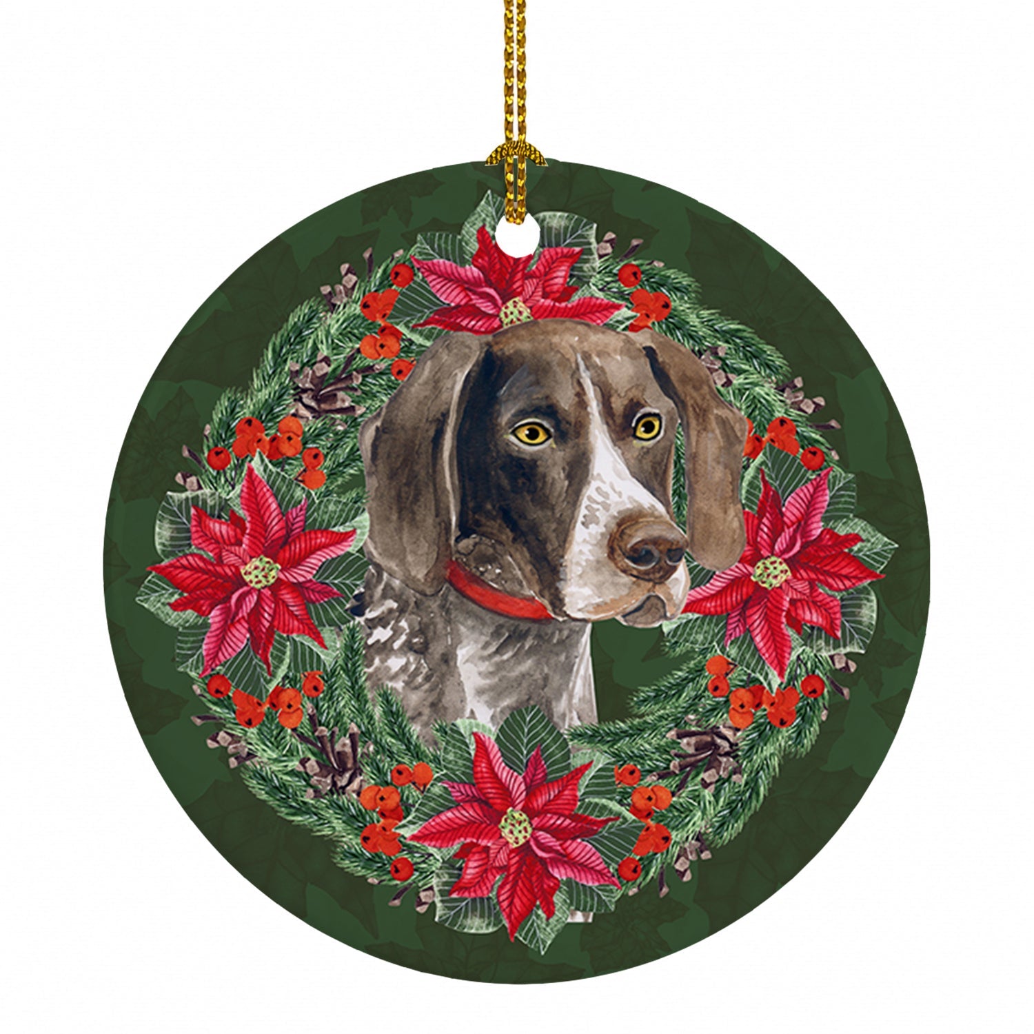 German Shorthaired Pointer Poinsetta Wreath Ceramic Ornament Christmas Tree Hanging Decorations for Home Christmas Holiday, Party, Gift, 3 in, Multicolor