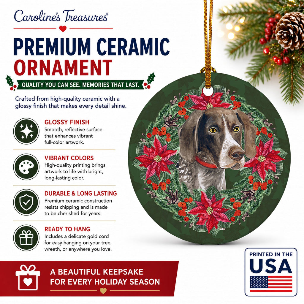 German Shorthaired Pointer Poinsetta Wreath Ceramic Ornament Christmas Tree Hanging Decorations for Home Christmas Holiday, Party, Gift, 3 in, Multicolor