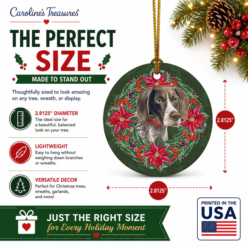 German Shorthaired Pointer Poinsetta Wreath Ceramic Ornament Christmas Tree Hanging Decorations for Home Christmas Holiday, Party, Gift, 3 in, Multicolor