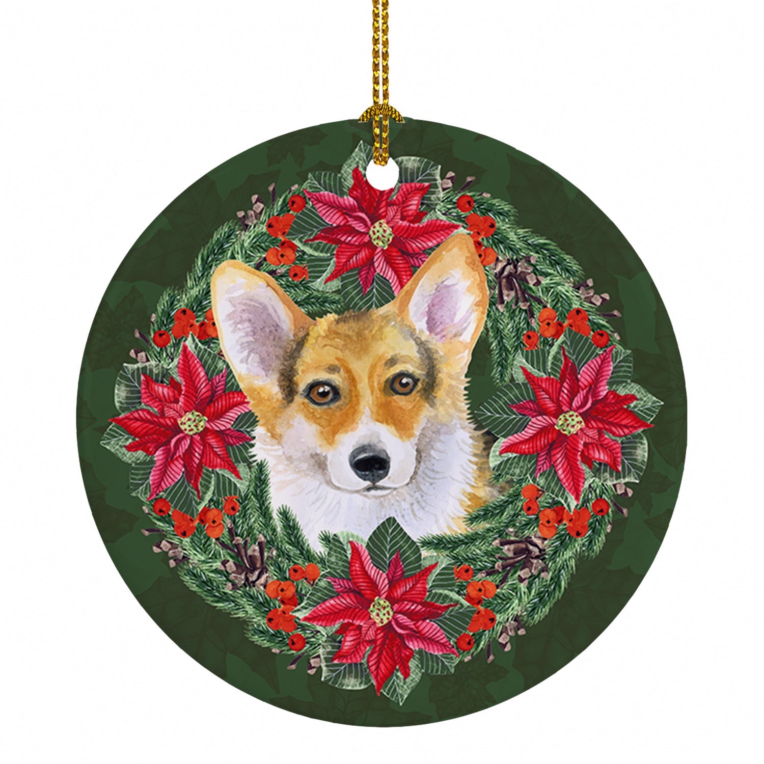 Pembroke Corgi Poinsetta Wreath Ceramic Ornament Christmas Tree Hanging Decorations for Home Christmas Holiday, Party, Gift, 3 in, Multicolor