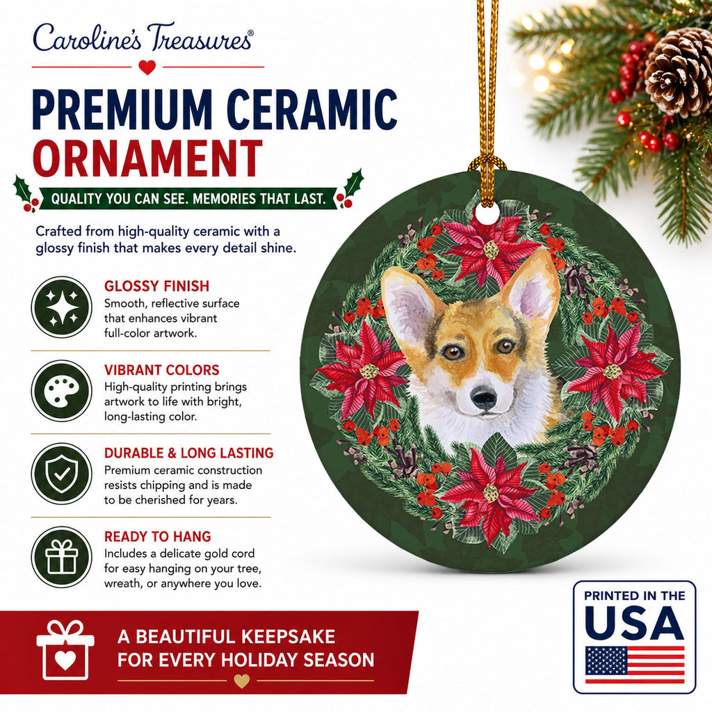 Pembroke Corgi Poinsetta Wreath Ceramic Ornament Christmas Tree Hanging Decorations for Home Christmas Holiday, Party, Gift, 3 in, Multicolor