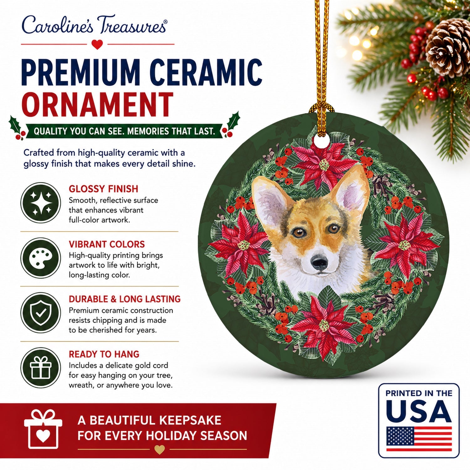 Pembroke Corgi Poinsetta Wreath Ceramic Ornament Christmas Tree Hanging Decorations for Home Christmas Holiday, Party, Gift, 3 in, Multicolor