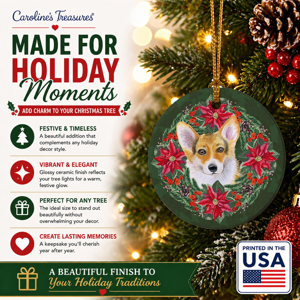 Pembroke Corgi Poinsetta Wreath Ceramic Ornament Christmas Tree Hanging Decorations for Home Christmas Holiday, Party, Gift, 3 in, Multicolor