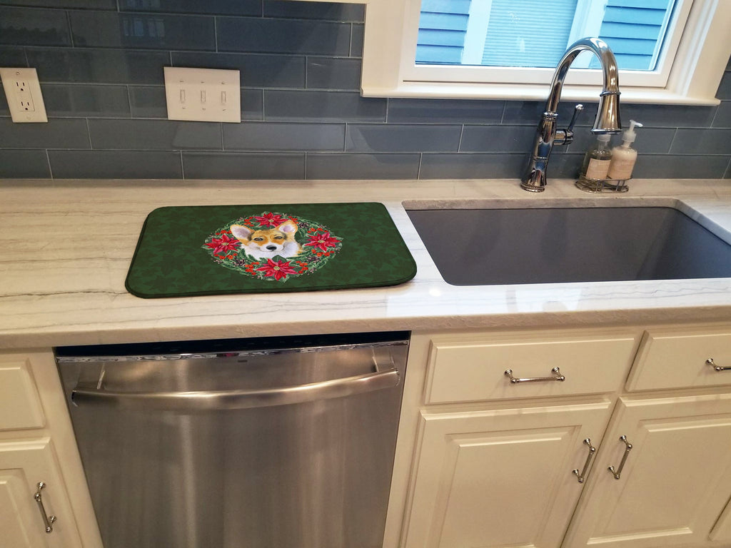 Pembroke Corgi Poinsetta Wreath Dish Drying Mat Absorbent Dish Drying Mat Pad for Kitchen Counter Dish Drainer Mat for Countertop, 14 x 21", Multicolor