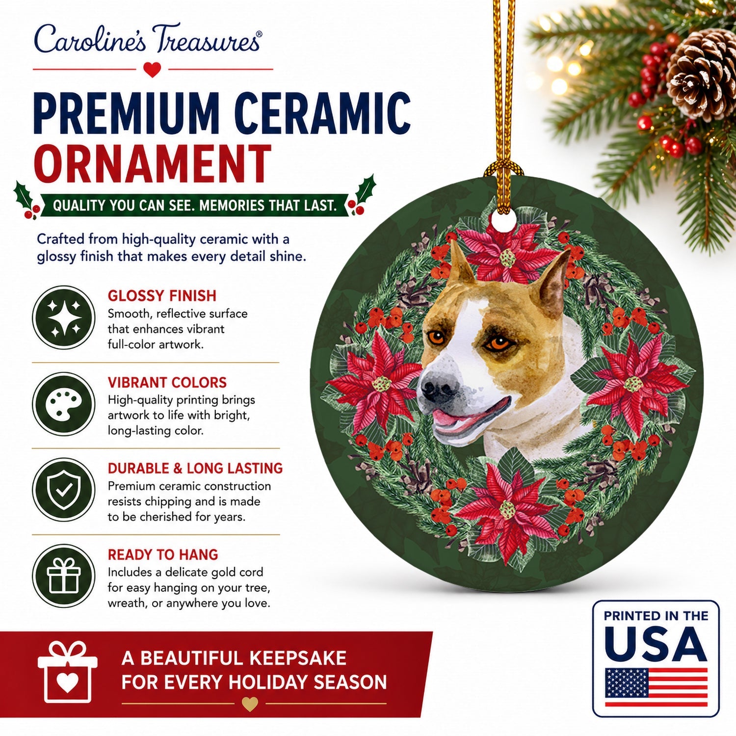 American Staffordshire Poinsetta Wreath Ceramic Ornament Christmas Tree Hanging Decorations for Home Christmas Holiday, Party, Gift, 3 in, Multicolor