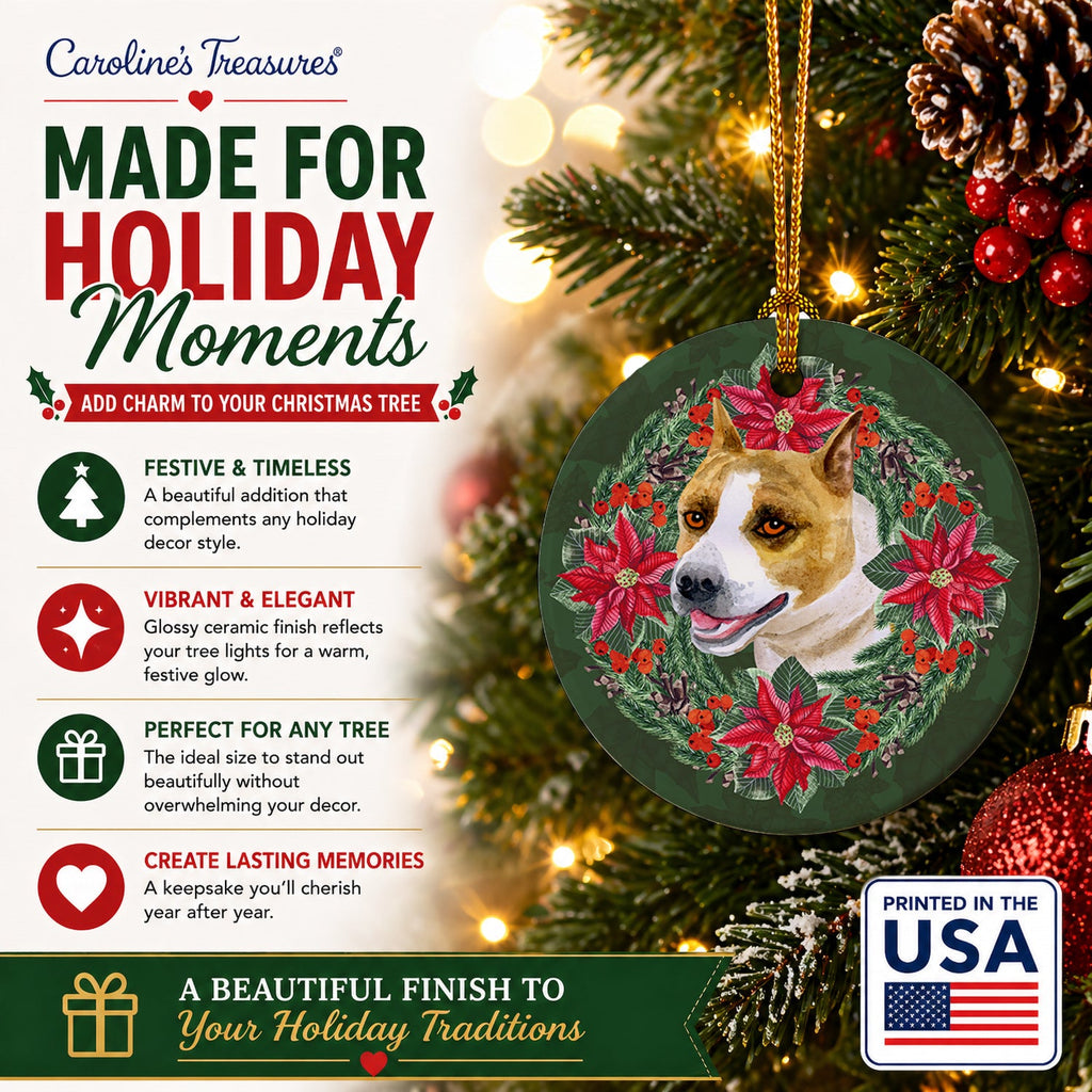 American Staffordshire Poinsetta Wreath Ceramic Ornament Christmas Tree Hanging Decorations for Home Christmas Holiday, Party, Gift, 3 in, Multicolor