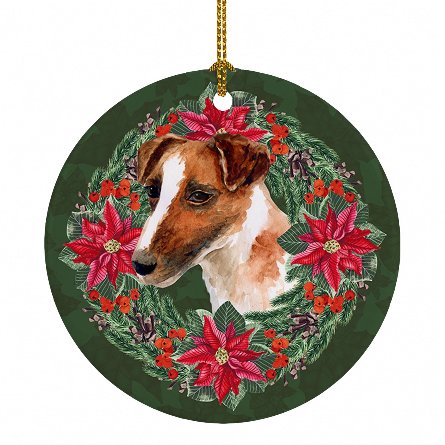 Smooth Fox Terrier Poinsetta Wreath Ceramic Ornament Christmas Tree Hanging Decorations for Home Christmas Holiday, Party, Gift, 3 in, Multicolor